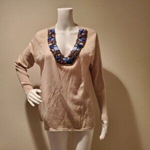 Tibi Jeweled Neck Cashmere Blend Sweater Tan L